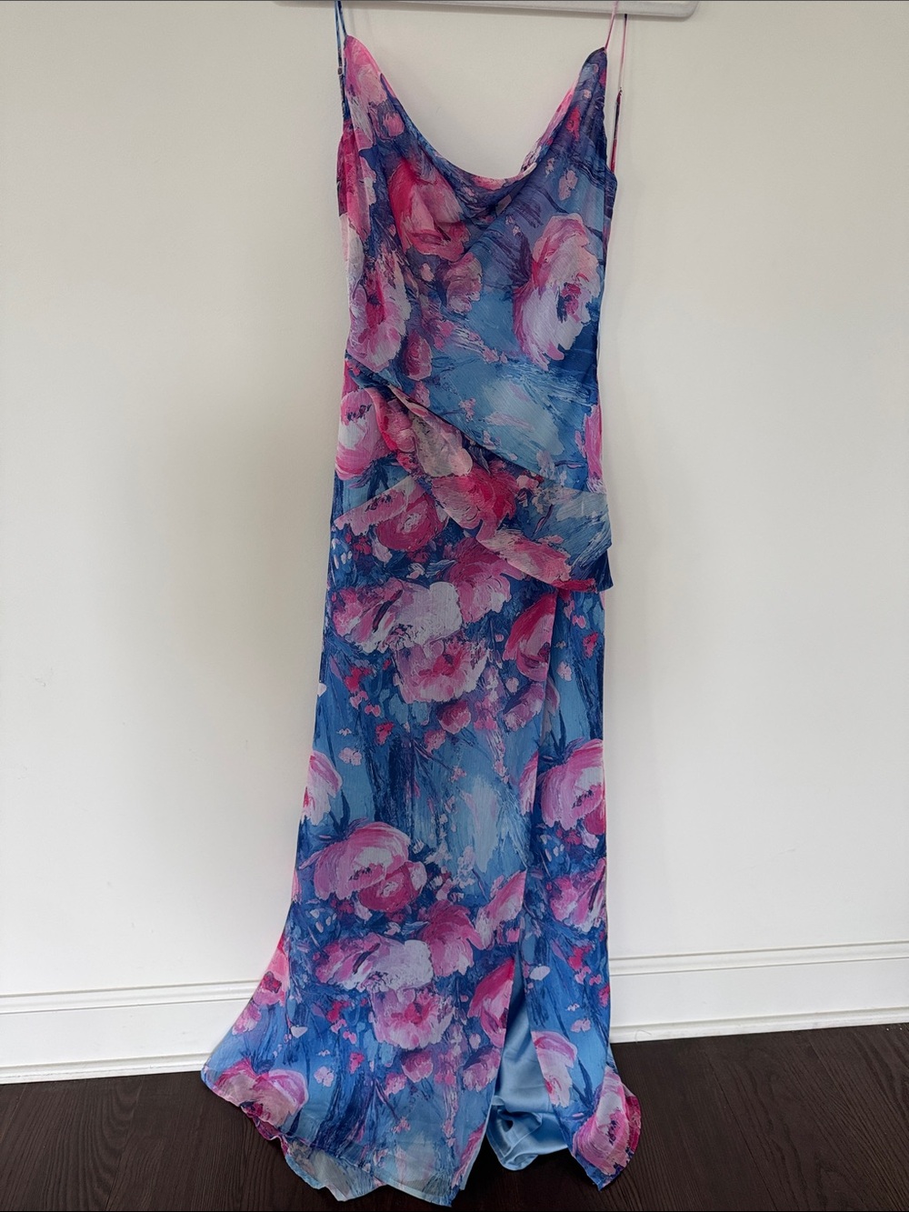 If By Sea Blue & Pink Floral Maxi Slip Dress with Cowl Neck